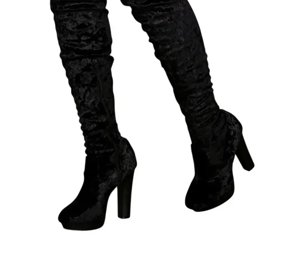 Cape Robbin Crushed Velvet Platform Boots 5.5 Black WhimsiGoth Tall Over Knee